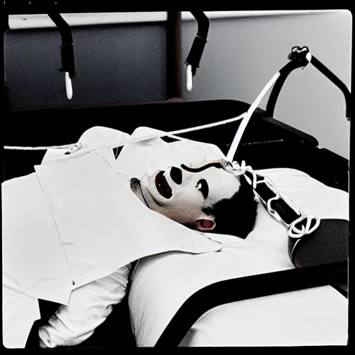 Image similar to crazy clown lying in hospital bed with wrist restraints on, restraints straps attached to hospital bed siderails, photograph, 8 k