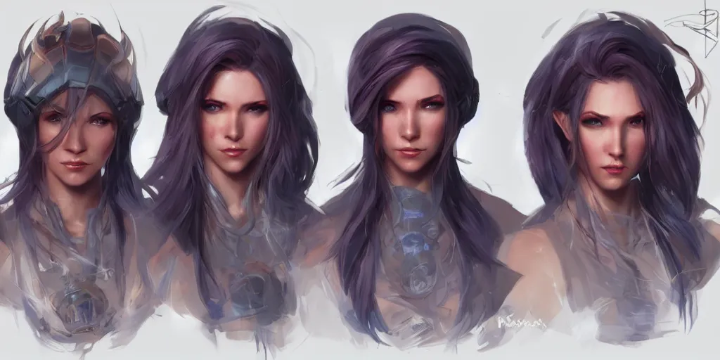 Image similar to concept art of russian female netrunner d & d video game characters head designs, unique hair designs, by marc brunet and artgerm