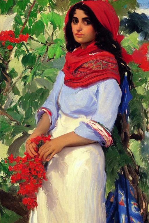 Prompt: portrait of persian girl with arabesque red and blue detailed scarf near bougainvillea and mexican fan palms, painting by john singer sargent