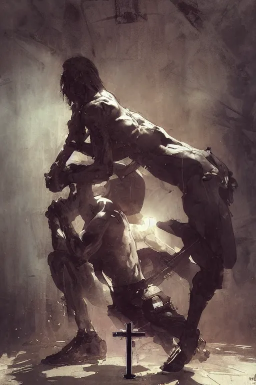 Image similar to man kneeling at the foot of a wooden cross, dramatic lighting art by Yoji Shinkawa by Richard Schmid by greg rutkowski by Sandra Chevrier by Jeremy Lipking cinematic dramatic, by frank miller, illustration by Ruan Jia and Mandy Jurgens and William-Adolphe Bouguereau, Artgerm, 4k, digital art, surreal, space dandy style, highly detailed, godsend, artstation, digital painting, concept art, smooth, sharp focus, illustration by Ruan Jia and Mandy Jurgens and William-Adolphe Bouguereau, Artgerm