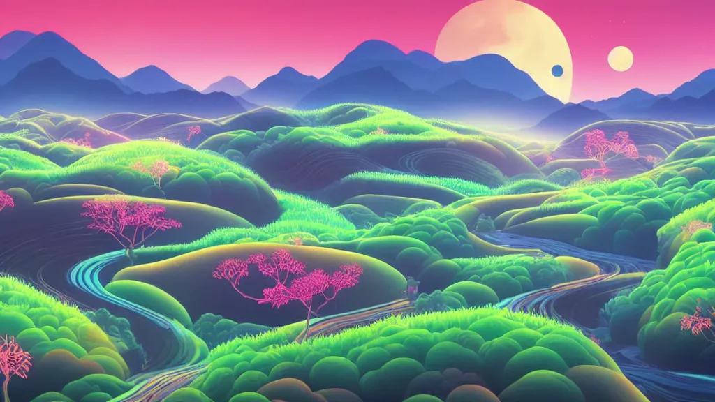 Image similar to digital painting of a lush sinuous river valley by. river. sunset. no mans sky. chiho aoshima. digital render. detailed. beautiful landscape.