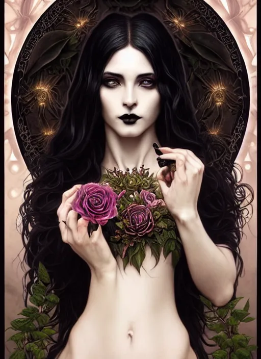 Prompt: perfectly detailed goth goddess of black rose flowers!! blessed by nature with ever - increasing physical mental perfection, symmetrical! intricate, sensual features, highly detailed, biblical divine holy perfection!! digital painting, artstation, concept art, smooth, sharp focus, illustration, art by artgerm and greg rutkowski and alphonse mucha