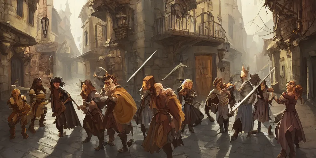 Prompt: an exciting fantasy street battle within a fascinating old city, photo-real characters, narrow streets, old buildings, by Sylvain Sarrailh, cinematic, simple but effective composition, clean lines, beautiful digital painting, oil painting, ultra photo-real render, great character design, dungeons and dragons, lord of the rings, close up characters, fantasy races