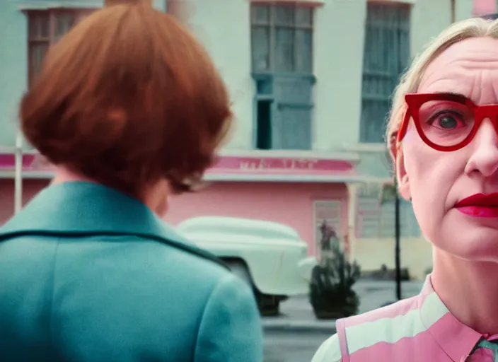 Prompt: cinematic mid shot of a high detail, woman's face looking off camera, with round glasses. fine facial features. she stands in an empty, pastel colourful 3 d, street scene with water tower, by jeffrey smart and gregory crewdson and edward hopper, inspired by the grand budapest hotel