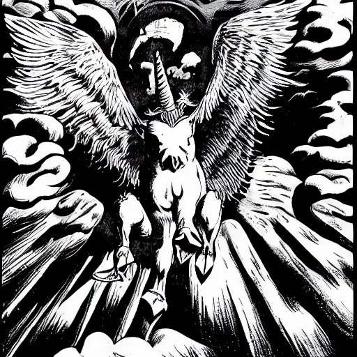 Prompt: winged flying pig with unicorn horn richard corben style black and white