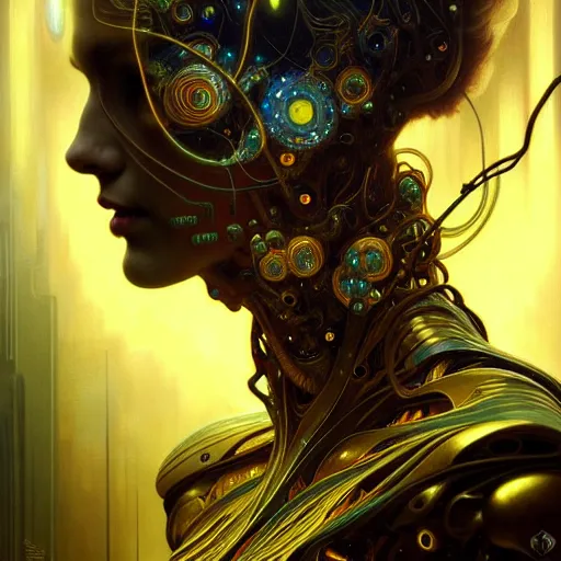 Prompt: extremely psychedelic beautiful cyborg virus infected by night. intricate, elegant, highly detailed, extremely lifelike photorealistic digital painting, artstation. steichen, gaston bussiere, tom bagshaw, cyberpunk alphonse mucha. elegant minimalism. anatomically correct. sharp focus. black and gold. surreal lush hallucination