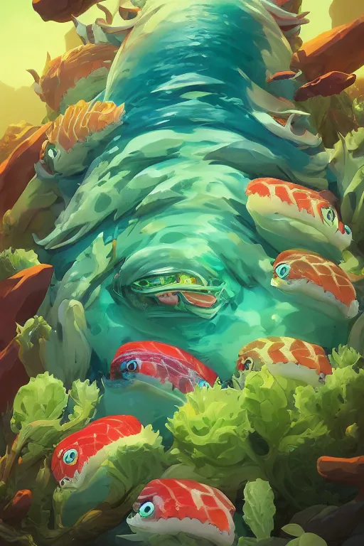 Image similar to 3 d render creature animal sushi cristal very big eye roots cactus elemental flush of force nature micro world fluo fishscale, comics gta 5 cover, official fanart behance hd artstation by jesper ejsing, by rhads, makoto shinkai and lois van baarle, ilya kuvshinov, ossdraws