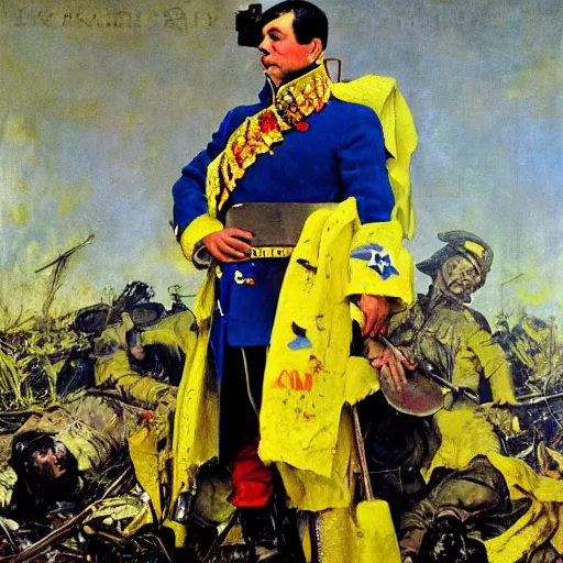 Image similar to Volodymyr Zelensky at war, dressed like Napoleon Bonaparte, sitting on the ground between dead corpses and crying, holding a half burnt blue and yellow flag of Ukraine, in the style of Norman Rockwell