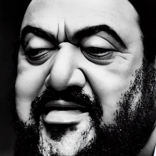 Image similar to black and white photo, portrait of Luciano Pavarotti by richard avedon, realistic, Leica, medium format, cinematic lighting, parallax, high resolution,