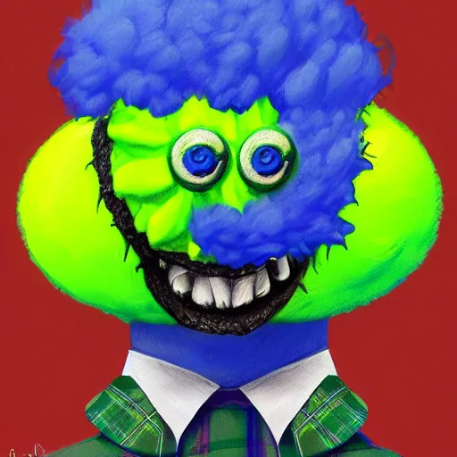 Image similar to a tennis ball monster wearing a scottish kilt, big mustache, scotland blue, digital art, fantasy, magic, chalk, trending on artstation, ultra detailed, professional illustration by basil gogos