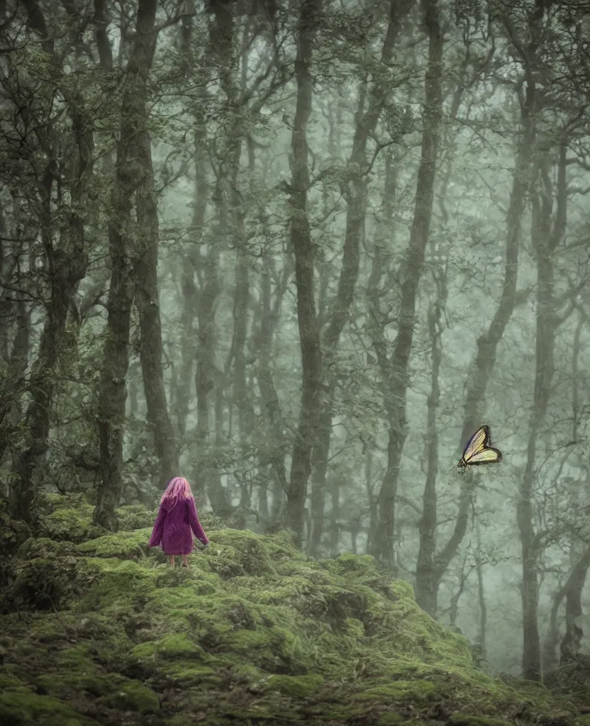 Image similar to dartmoor forest, cute female moth winged sprite creature, near camera, cinematic, bloom, cinematography, fog, magical