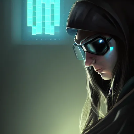 Image similar to female hacker dark and brooding, digital art, artstation, award winning