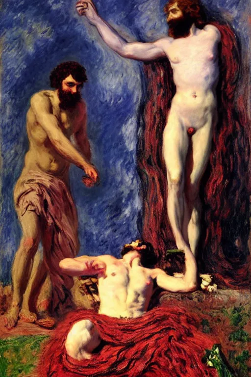 Prompt: Prometheus in style of Salome with the Head of John the Baptist, background by Claude Monet