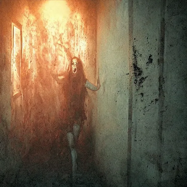 Image similar to a photograph by the best realistic horror movie artist, insanity girl summon her death, cinematic, horror details, horrorcore, silent decay coloring, vortex portal banish the elders, die and suffer, psychonaut universe, smoke pit nebulas, the scary empty liminal spaces, conjure devils