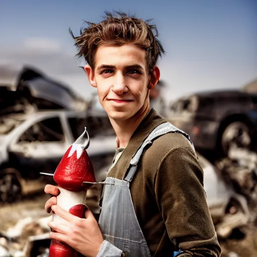 Image similar to close up headshot of a swiss young adult as a skinny high-fantasy elf with a long face narrow chin and spiky blonde hair wearing dark brown overalls and holding a bomb next to a destroyed car, high resolution film still, HDR color