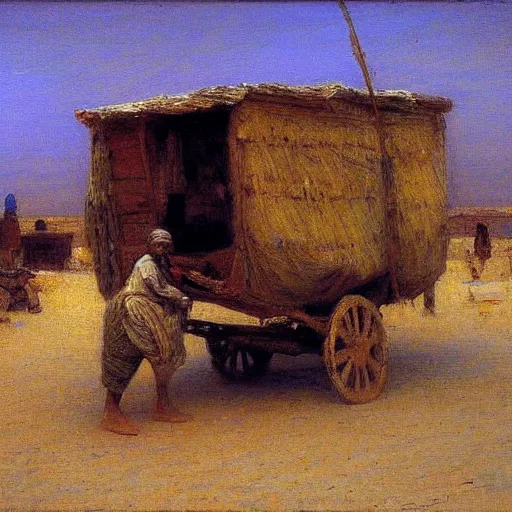 Image similar to timbuktu, by henry ossawa tanner, caravan, at sunrise