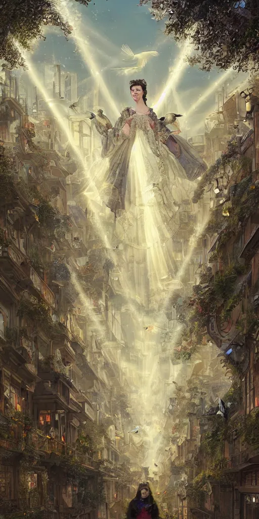 Prompt: portrait of a victorian lady with flying birds in a futuristic city, from behind!!!, streets, angels in the sky, sunlight and rays of light shining through trees, tall buildings on the sides, beautiful, solarpunk!!!, highly detailed, digital painting