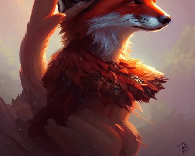 Image similar to fox fox fox fox fox with a hint of fox, deep focus, d & d, fantasy, intricate, elegant, highly detailed, digital painting, artstation, concept art, matte, sharp focus, illustration, hearthstone, art by artgerm and greg rutkowski and alphonse mucha