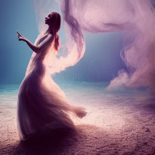 Prompt: manshaped swirling smoke beside woman dancing underwater wearing a flowing dress made of seaweed, school of tiny silver fish in the distant background, octane render, caustics lighting from sunlight above, cinematic