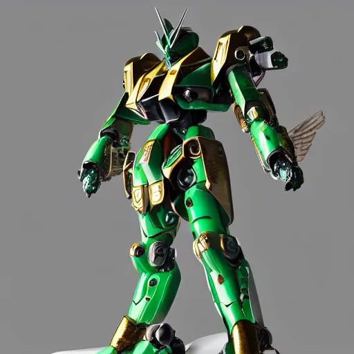 Image similar to futuristic jade mecha, jade gundam, carved jade mechanical exoskeleton wearing hardsurface armour, inlaid with gold, jade rococo, wings lace wear, sculpted by spider zero, zaha hadid, trending on artstation, beautifully lit, hyper detailed, insane details, intricate