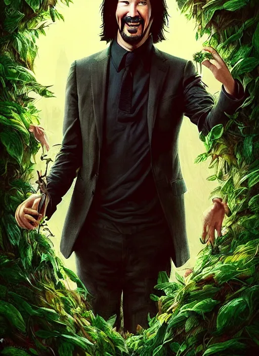 Prompt: highly detailed comedy caper movie poster with silly wacky zany keanu reeves as a sentient pile of leaves, keanu reeves green face as tree sentient leafy bush, falling through a leafy mind chasm by greg rutkowski, masterpiece, really funny, 1 0 / 1 0 comedy