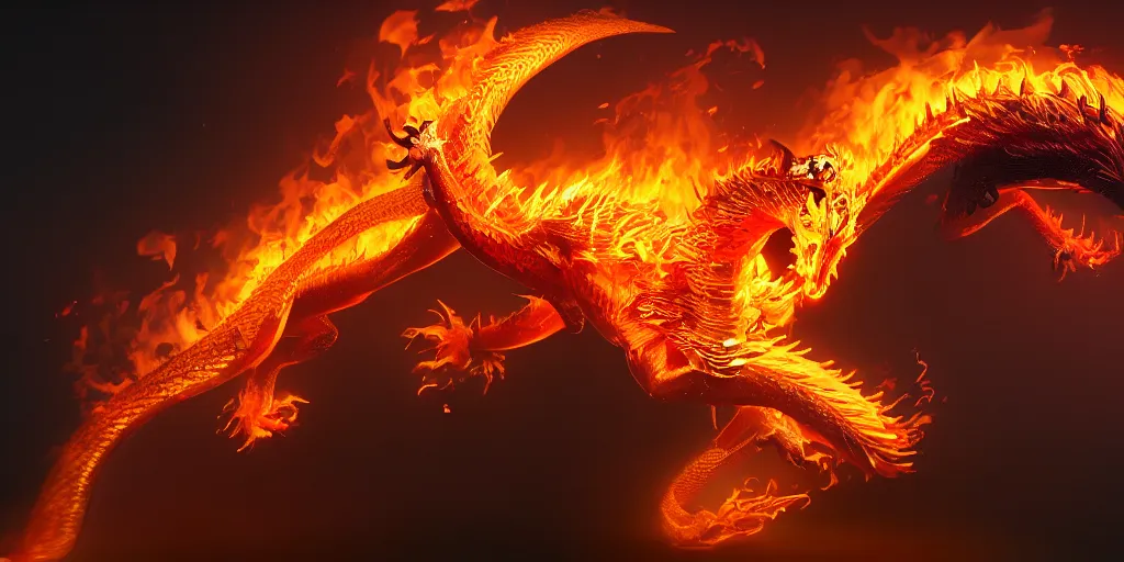 Prompt: a Chinese Fire Dragon on a black background, character design, Octane Render, 4k, photo-realistic, Canon 5D