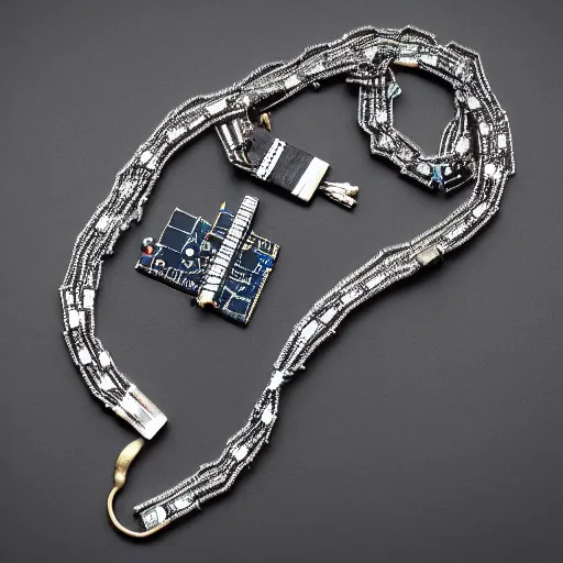 Prompt: a photo of a necklace with a speed controller and circuit boards hanging from it, jewelry, 4k