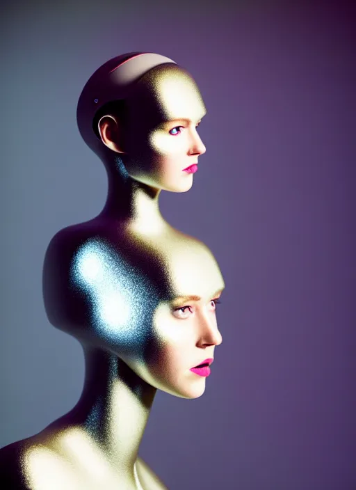 Prompt: kodak portra 4 0 0 of a gorgeous cross between a woman and robot, award winning, in style of tim walker, 1 5 0 mm, f 1. 2, volumetric light, coloured gel studio light, unreal engine 5, 8 k