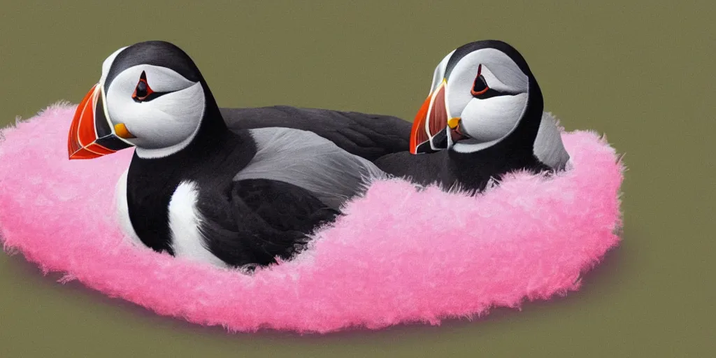 Prompt: realistic puffin sitting in a pink fluffy bed, hyper detailed, trending on artstation