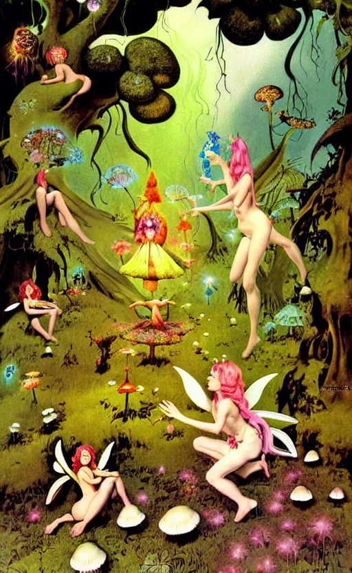 Prompt: psychedelic fairies in an enchanted forest with mushrooms on the ground wide angle shot, white background, vector art, illustration by frank frazetta and salvador dali