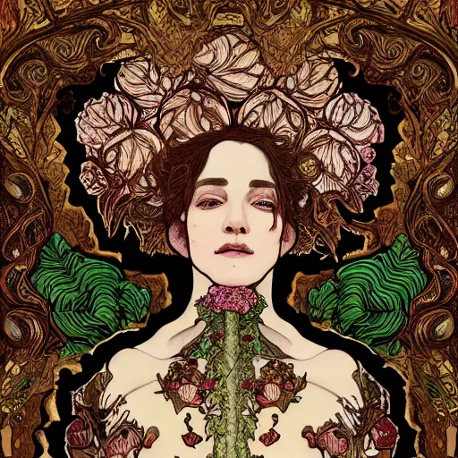 Image similar to a beautiful detailed front view portrait of a rotten woman corpse with fractal plants and fractal flowers and mushrooms growing around, symmetrical, ornate, ornamentation, illustration, in the style of art nouveau, mucha