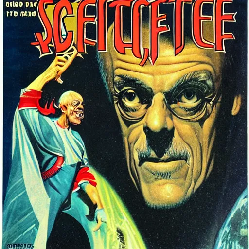 Image similar to Christopher Lloyd as Satan in retro science fiction cover by Kelly Freas (1960)