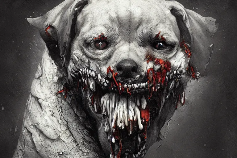 Prompt: smiling zombie dog, hyperdetailed, artstation, cgsociety, by greg rutkowski, by Gustave Dore
