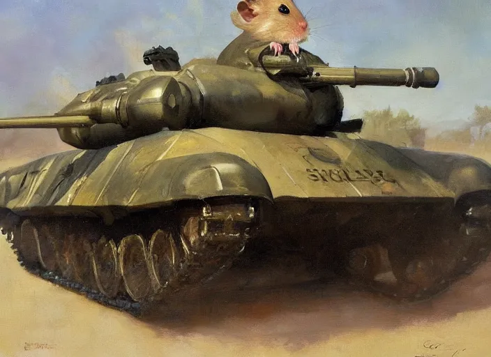 Image similar to a highly detailed beautiful portrait of an evil hamster on a tank, by gregory manchess, james gurney, james jean
