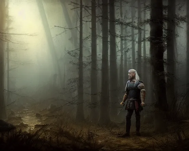 Prompt: 5 5 mm portrait photo of geralt of rivia serving doner kebab, in a magical forest. dark atmosphere. art by greg rutkowski. highly detailed 8 k. intricate. lifelike. soft light. nikon d 8 5 0.