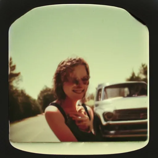 Prompt: beautiful photo of my mom when she was young, road trip, vintage, polaroid, highly detailed