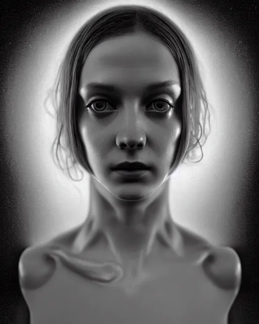 Image similar to dreamy, monochrome, subsurface scattering, white, cyborg goddess in cosmos, black and white, octane render, dino valls, virgil finlay, mark ryden, highly detailed, rim light, art, cinematic lighting, very coherent, hyper realism, 8 k