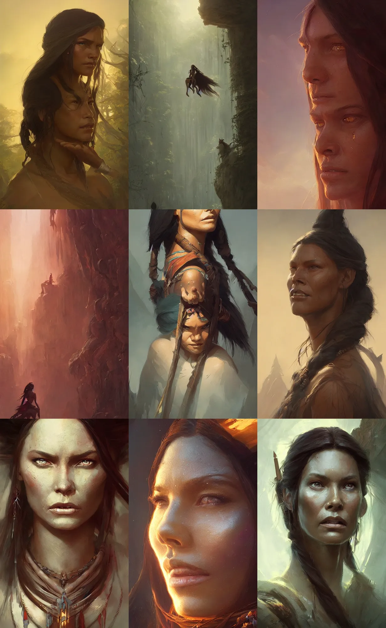 Prompt: pocahontas, concept art, detailed face, fantasy, highly detailed, cinematic lighting, digital art painting by greg rutkowski