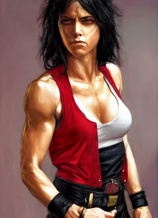 Prompt: a portrait a woman in her 2 0 s, attractive, muscular, wearing red tanktop vest with gold lining, smirking, white bandages on fists, black hair, short - medium length hair, serious, style by donato giancola, wayne reynolds, jeff easley dramatic light, high detail, cinematic lighting, artstation, dungeons and dragons