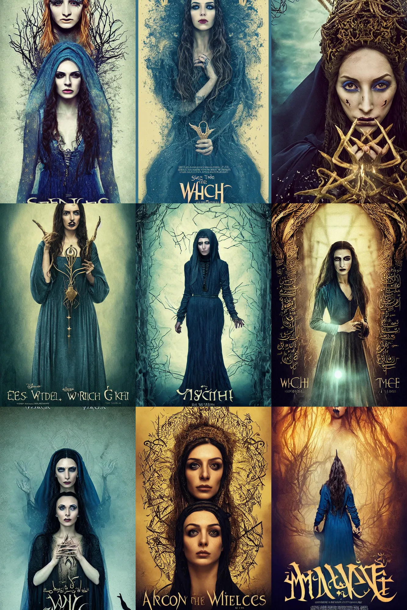 Prompt: young middle eastern woman, arcane tattooes, strange golden eldritch runes, blue silk dress, heavy makeup. the witch movie poster.