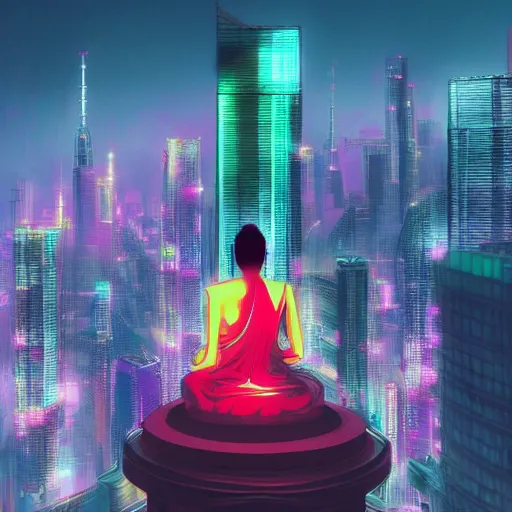 Prompt: The Buddha meditation on top a skyscraper, cyberpunk style, city, artstation, digital art, very detailed, colourful, neon, anime, 8K