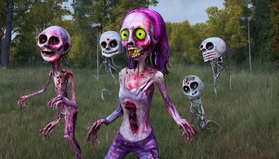 Image similar to night of the living dead by lisa frank's. rotting corpse, zombies, octane render, unreal 5 8 k depth of field, highly - detailed, in the style of squidbillies