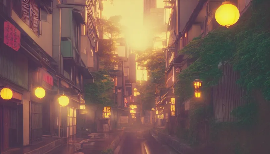 Image similar to A film still from a 1990s Sailor Moon cartoon featuring a moody street in Japan with a waterfall and lanterns, lofi aesthetic, golden hour, cinematic look, film grain, high detail, high resolution, 8k