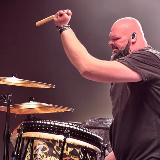 Prompt: Tomas Haake playing heavy metal drums with 6 arms