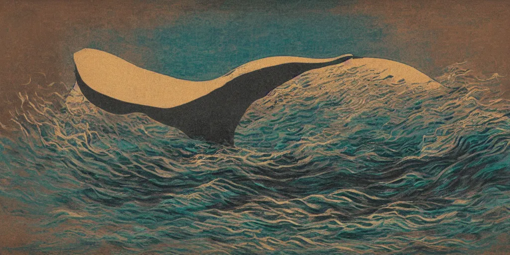 Image similar to An aesthetically pleasing, dynamic, energetic, lively, well-designed digital art of a whale, ripples, waves, sea foam, light and shadow, ocean caustics, aizome patterns, shin-hanga by Claude Monet, traditional Japanese colors, superior quality, masterpiece, excellent use of negative space.