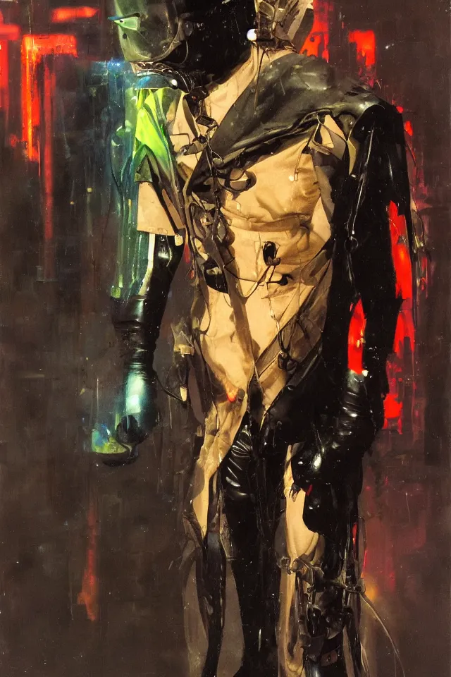 Prompt: androgynous ninja shaman tunic made of latex, radio goggles, techwear, iridiscent light, high key, cinematic lighting at night, wet floors, neon, phil hale, boris vallejo, syd mead, masterpiece