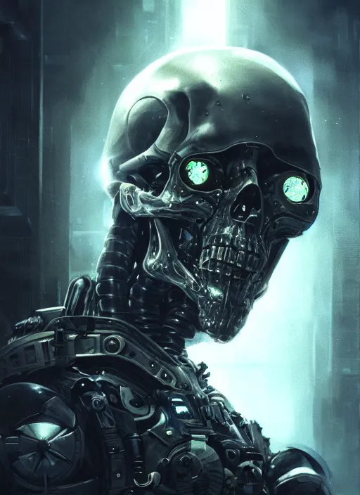 Prompt: metal skull half covered face with cybernetic enhancements as seen from a distance, scifi character portrait by greg rutkowski, esuthio, craig mullins, 1 / 4 headshot, cinematic lighting, dystopian scifi gear, gloomy, profile picture, mechanical, half robot, implants, solarpunk