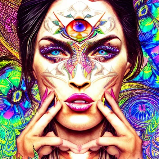 Prompt: an extremely psychedelic portrait of megan fox, surreal, lsd, face, detailed, intricate, elegant, lithe, highly detailed, digital oth, sharp focus, illustration,