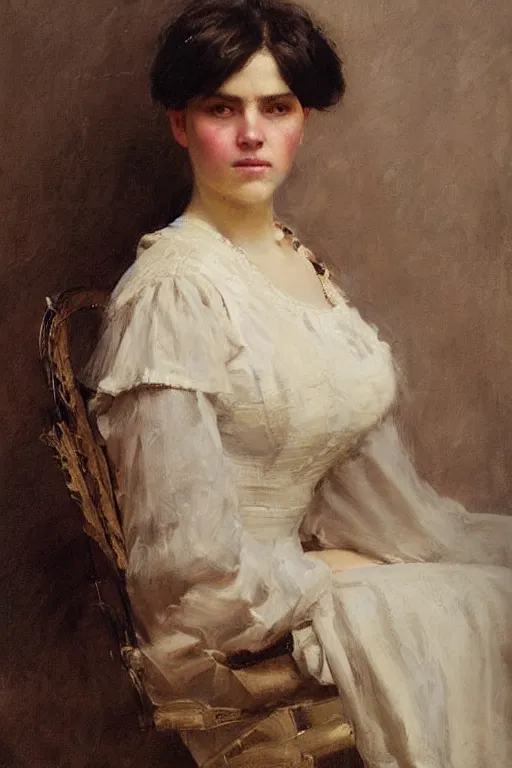 Prompt: Solomon Joseph Solomon and Richard Schmid and Jeremy Lipking victorian genre painting full length portrait painting of a young beautiful woman victorian german bar maid