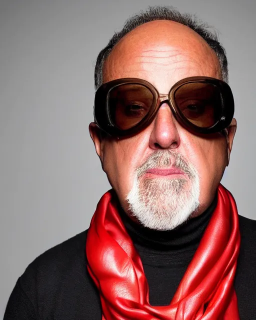 Image similar to headshot of billy joel wearing a leather cap and aviator goggles, he is also wearing an a 2 flight jacket, a long red silk scarf is wrapped around his neck, he has a 5 o'clock shadow, a crazed angry look on his face